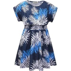 imagePerfashion Girls Summer Dresses Printed Casual Loose Sundress Smocked Waist RollSleeveDark Blue Hawaiian 16b