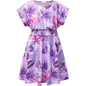 imagePerfashion Girls Summer Dresses Printed Casual Loose Sundress Smocked Waist RollSleeveFlamingo Tropical K38