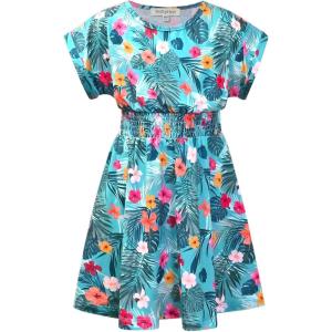 imagePerfashion Girls Summer Dresses Printed Casual Loose Sundress Smocked Waist RollSleeveGreen Tropical Q00