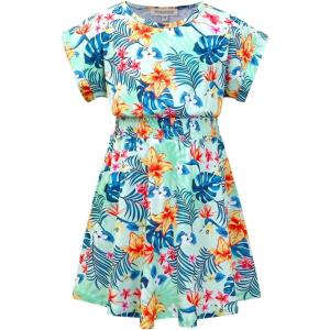 imagePerfashion Girls Summer Dresses Printed Casual Loose Sundress Smocked Waist RollSleeveMint Green Hawaiian 19b