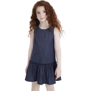 imagePerfashion Girls Summer Dresses Printed Casual Loose Sundress Smocked Waist RollSleeveNavy Blue