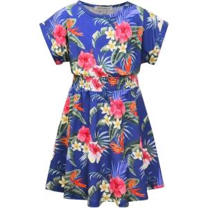 imagePerfashion Girls Summer Dresses Printed Casual Loose Sundress Smocked Waist RollSleeveNavy Blue Hawaiian 12b