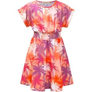 imagePerfashion Girls Summer Dresses Printed Casual Loose Sundress Smocked Waist RollSleeveOrange Tropical Flowers K34
