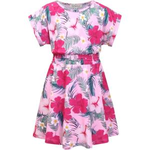 imagePerfashion Girls Summer Dresses Printed Casual Loose Sundress Smocked Waist RollSleevePink Hawaiian 15b