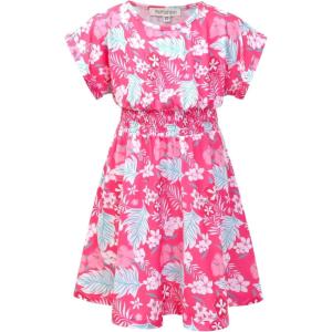 imagePerfashion Girls Summer Dresses Printed Casual Loose Sundress Smocked Waist RollSleevePink Tropical Flowers U92