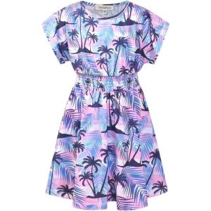 imagePerfashion Girls Summer Dresses Printed Casual Loose Sundress Smocked Waist RollSleevePink Tropical Leaves K04