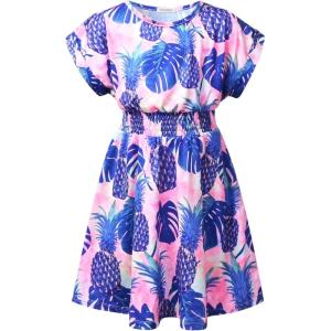 imagePerfashion Girls Summer Dresses Printed Casual Loose Sundress Smocked Waist RollSleeveTiedye Pineapple G72