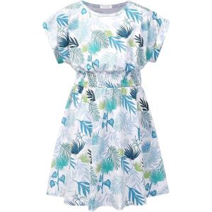 imagePerfashion Girls Summer Dresses Printed Casual Loose Sundress Smocked Waist RollSleeveTropical Plant White S20