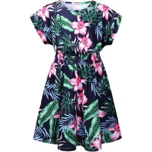 imagePerfashion Girls Summer Dresses Printed Casual Loose Sundress Smocked Waist RollSleeveTropical Plants G63