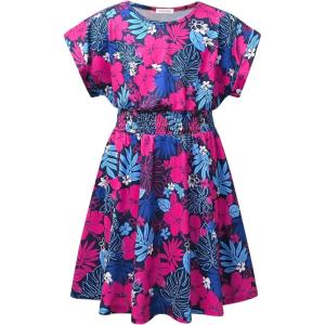 imagePerfashion Girls Summer Dresses Printed Casual Loose Sundress Smocked Waist RollSleeveTropical Plants Navy Blue K39