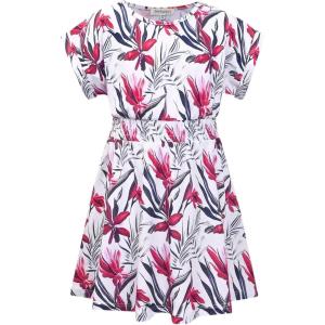 imagePerfashion Girls Summer Dresses Printed Casual Loose Sundress Smocked Waist RollSleeveWhite Hawaiian 20b