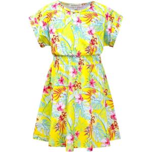 imagePerfashion Girls Summer Dresses Printed Casual Loose Sundress Smocked Waist RollSleeveYellow Hawaiian 17b