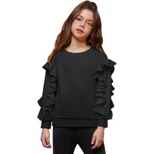 imagePerfashion Girls Sweatshirt Ruffle Trim Long Sleeve Pullover Solid Drop Shoulder Hoodie Fall Winter 413YBlack