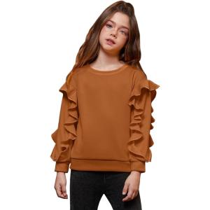 imagePerfashion Girls Sweatshirt Ruffle Trim Long Sleeve Pullover Solid Drop Shoulder Hoodie Fall Winter 413YBrown