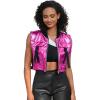 imagePerfashion Cropped Vest For Women Buckle Zip Up Metallic Cargo Cyberpunk Jacket With Pockets Streetwear Rave OutfitHot Pink Vest 07419