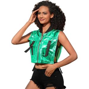 imagePerfashion Cropped Vest For Women Buckle Zip Up Metallic Cargo Cyberpunk Jacket With Pockets Streetwear Rave OutfitGreen Vest 06419