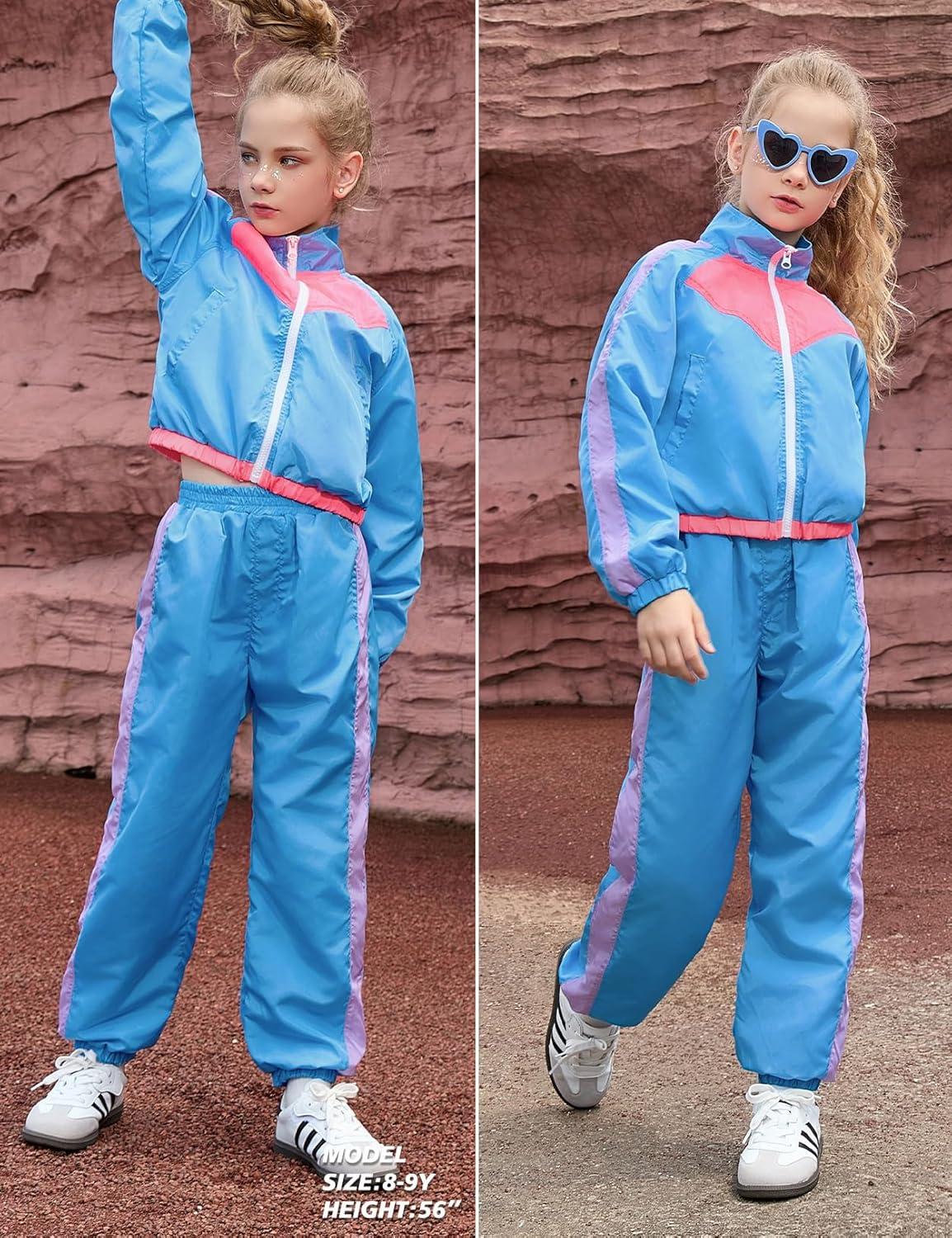 imagePerfashion Girls Clothing Sets 2 Piece 80s 90s Outfits Neon Jacket Pants Hip Hop Dance Tracksuit Set 413YNeon Blue