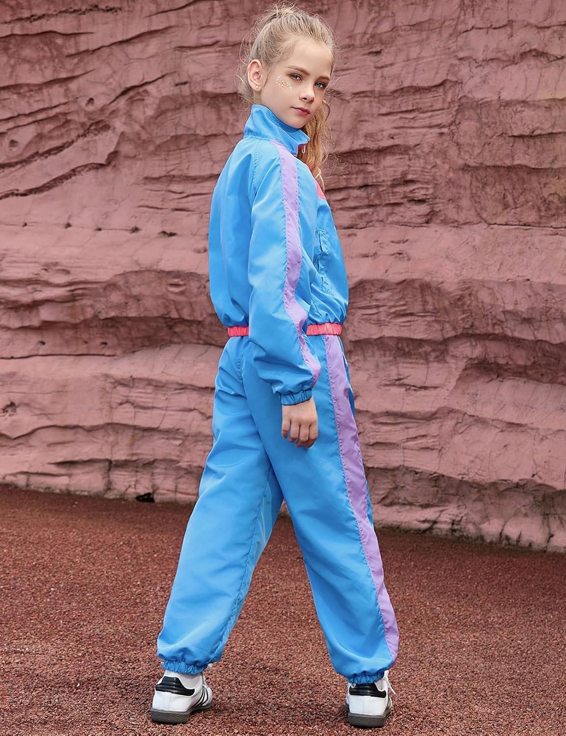 imagePerfashion Girls Clothing Sets 2 Piece 80s 90s Outfits Neon Jacket Pants Hip Hop Dance Tracksuit Set 413YNeon Blue