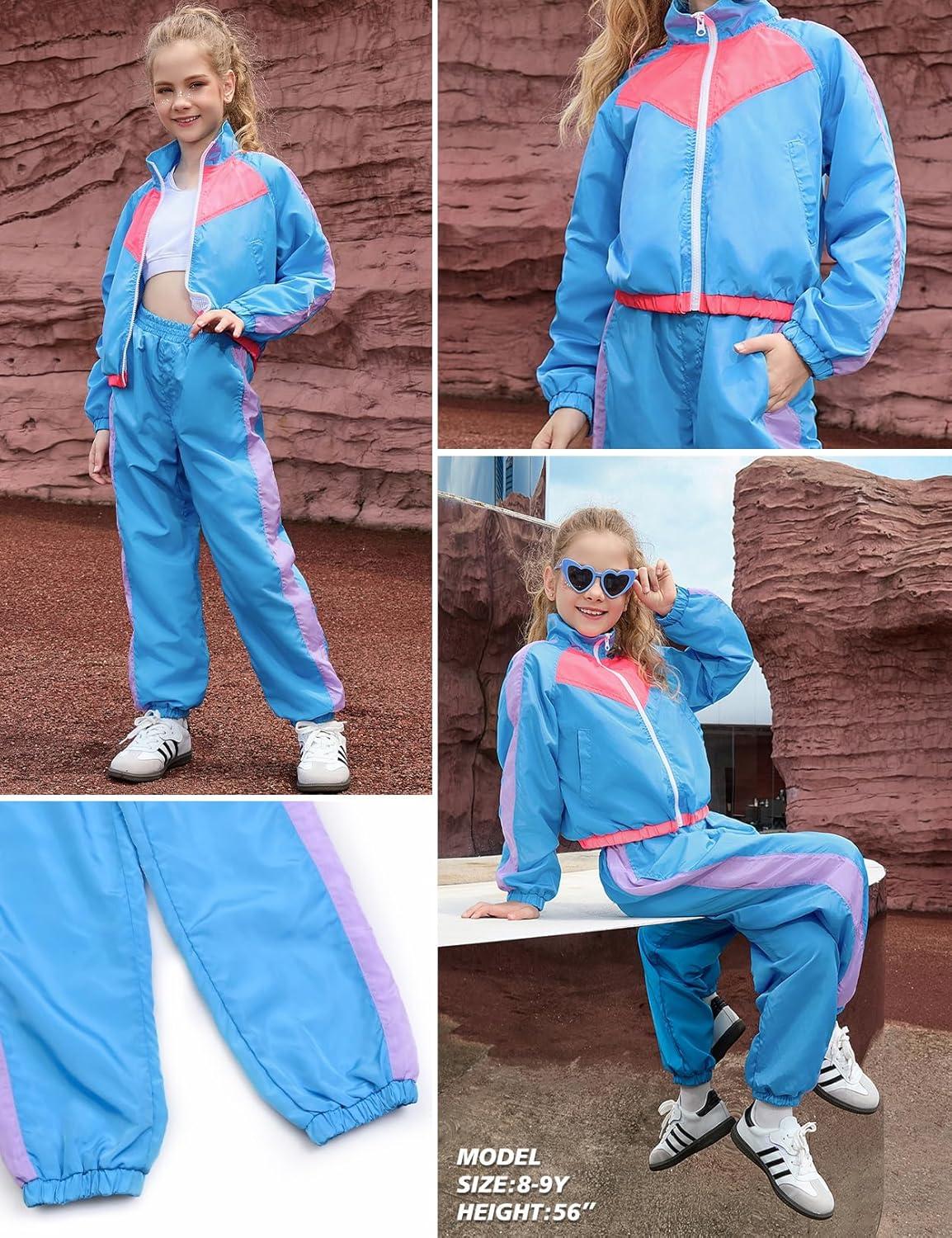 imagePerfashion Girls Clothing Sets 2 Piece 80s 90s Outfits Neon Jacket Pants Hip Hop Dance Tracksuit Set 413YNeon Blue