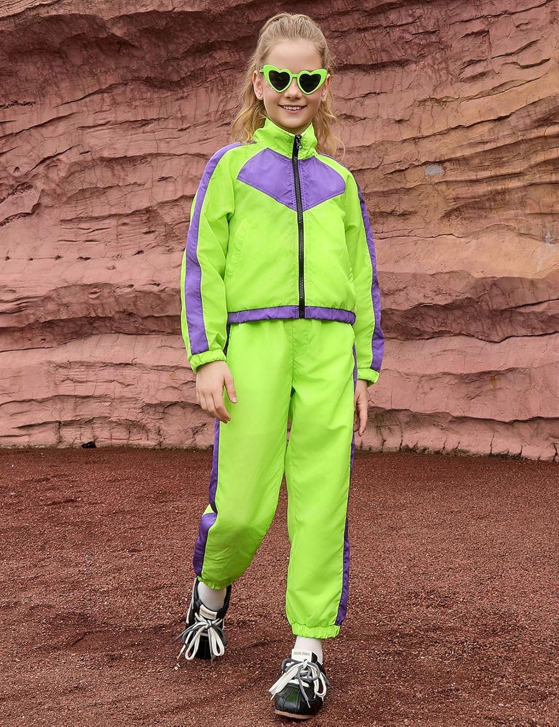 imagePerfashion Girls Clothing Sets 2 Piece 80s 90s Outfits Neon Jacket Pants Hip Hop Dance Tracksuit Set 413YNeon Green
