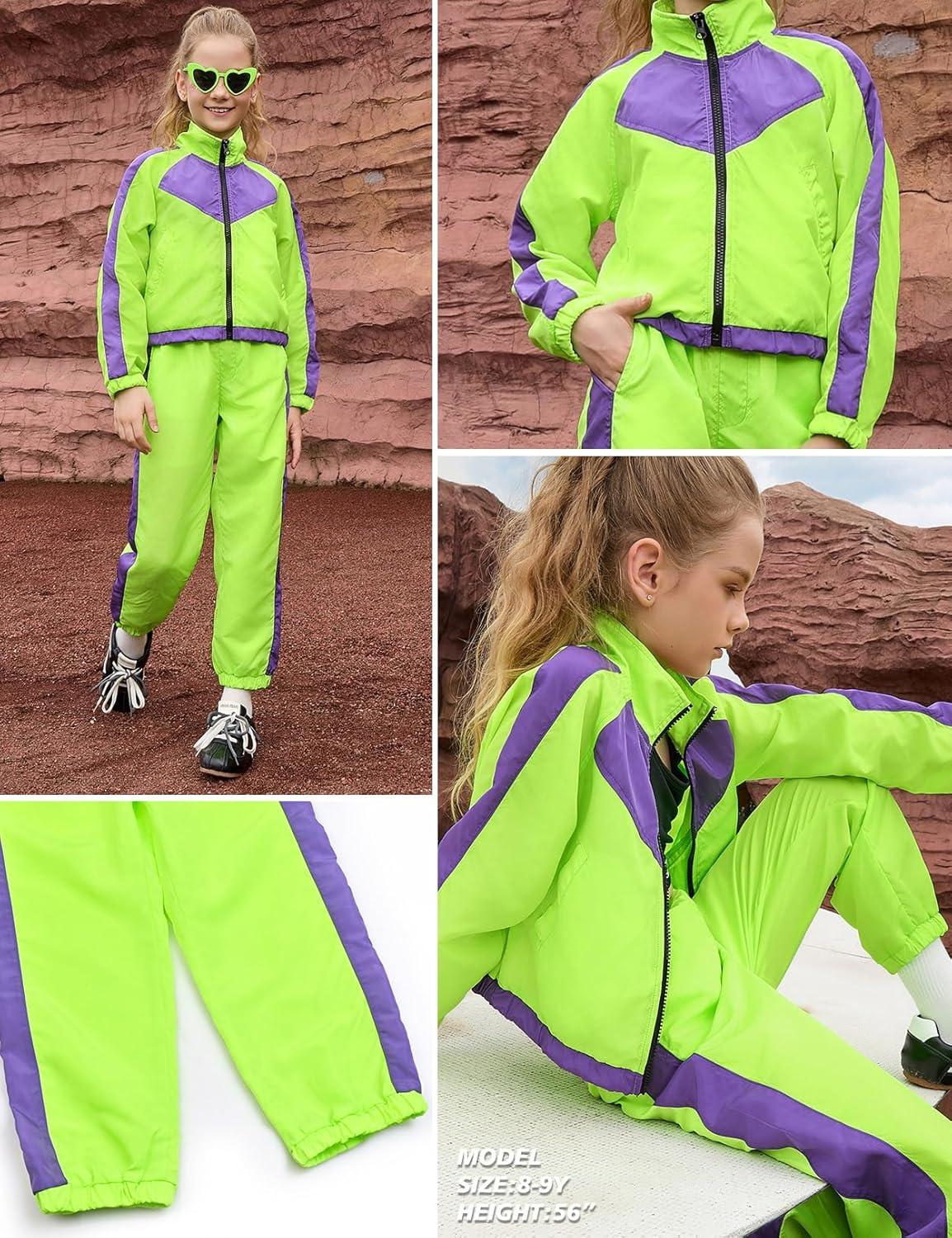imagePerfashion Girls Clothing Sets 2 Piece 80s 90s Outfits Neon Jacket Pants Hip Hop Dance Tracksuit Set 413YNeon Green