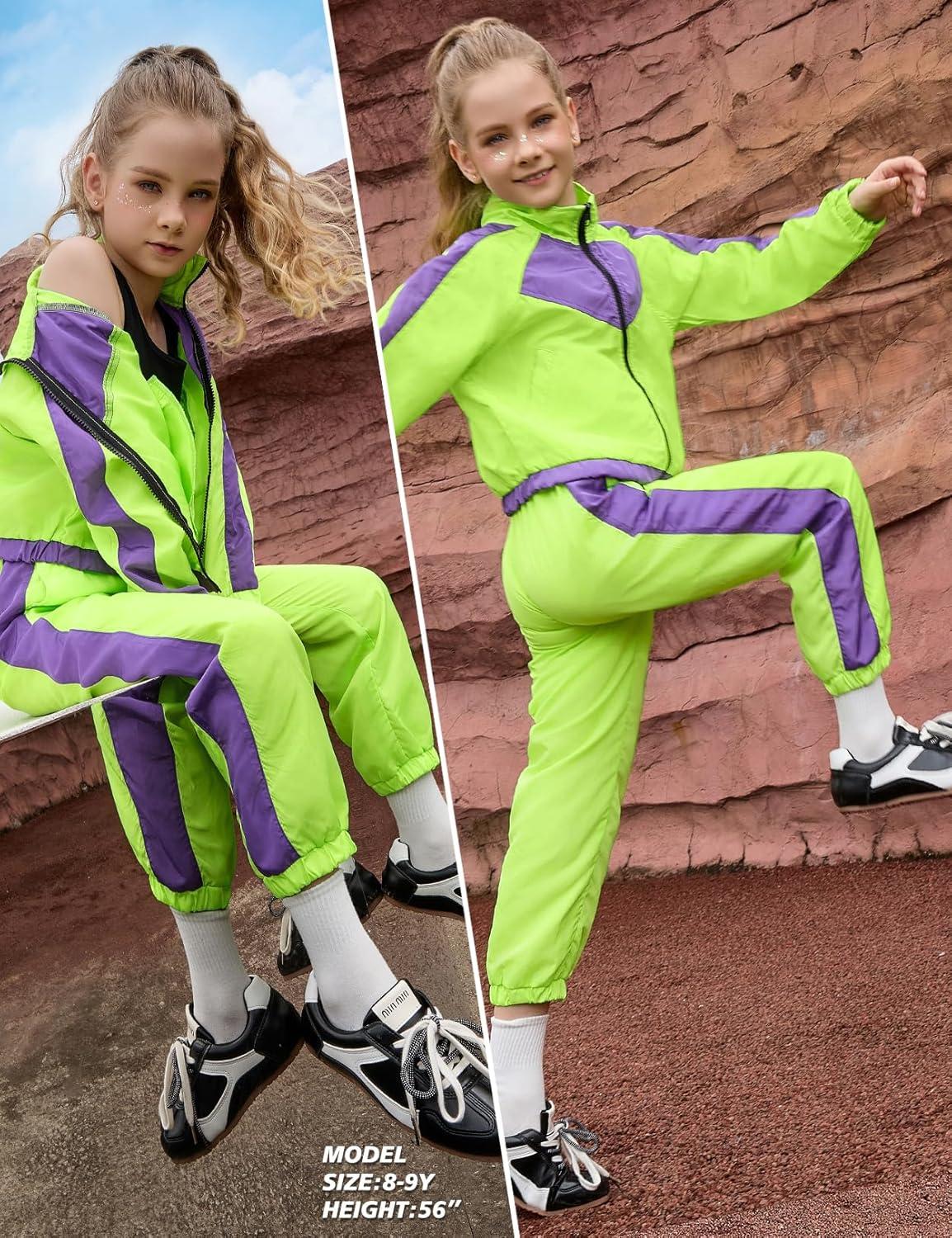 imagePerfashion Girls Clothing Sets 2 Piece 80s 90s Outfits Neon Jacket Pants Hip Hop Dance Tracksuit Set 413YNeon Green