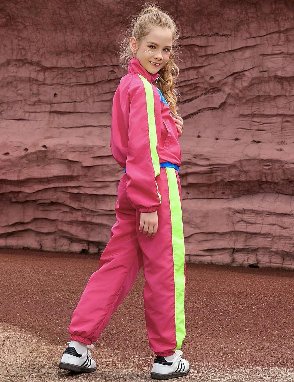 imagePerfashion Girls Clothing Sets 2 Piece 80s 90s Outfits Neon Jacket Pants Hip Hop Dance Tracksuit Set 413YNeon Hot Pink