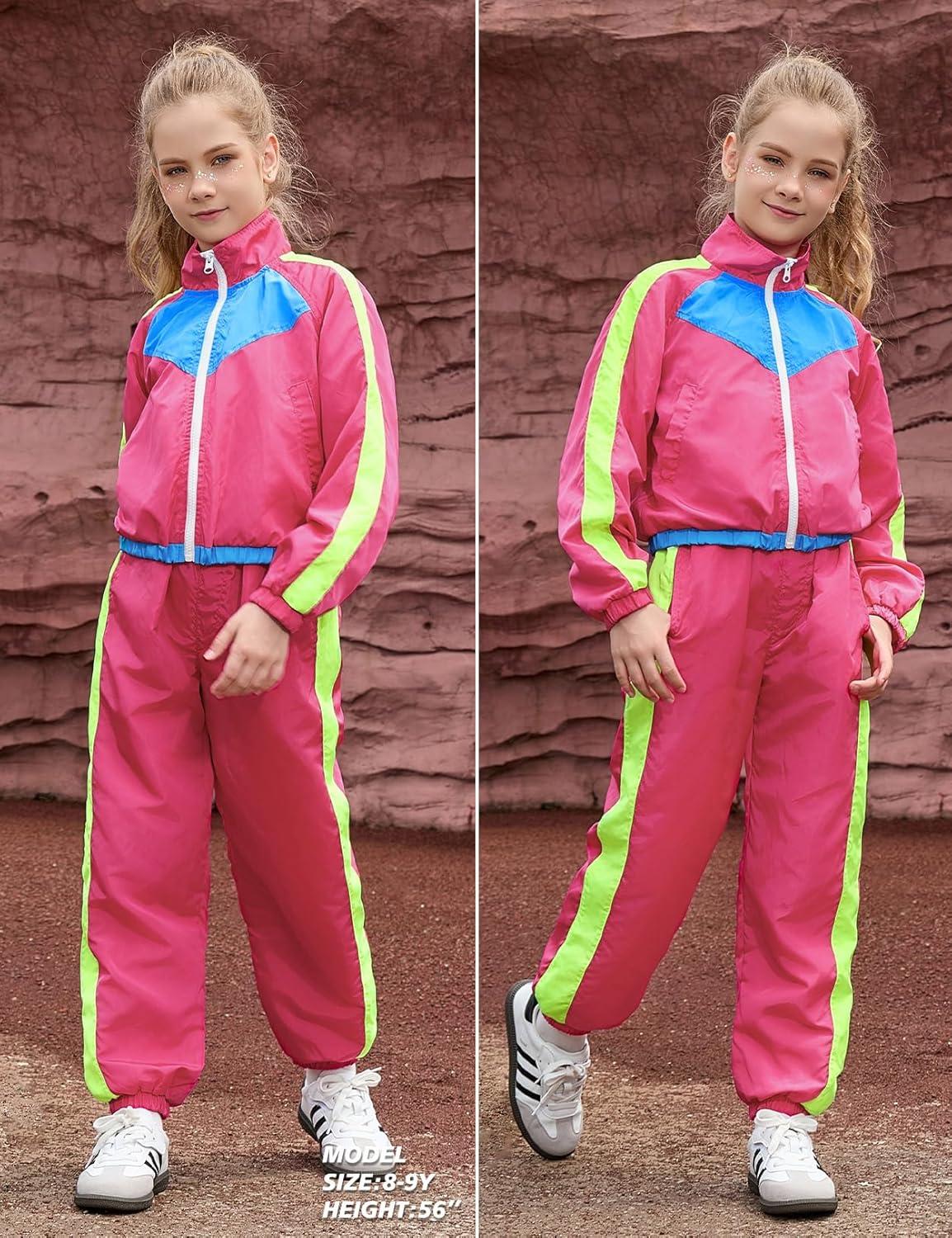 imagePerfashion Girls Clothing Sets 2 Piece 80s 90s Outfits Neon Jacket Pants Hip Hop Dance Tracksuit Set 413YNeon Hot Pink