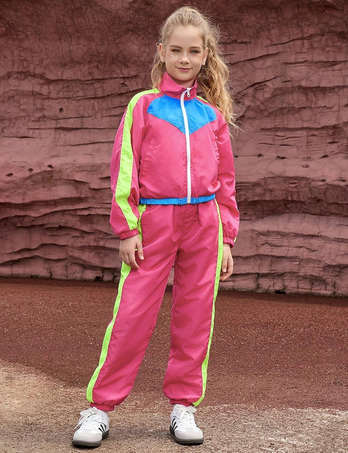 imagePerfashion Girls Clothing Sets 2 Piece 80s 90s Outfits Neon Jacket Pants Hip Hop Dance Tracksuit Set 413YNeon Hot Pink