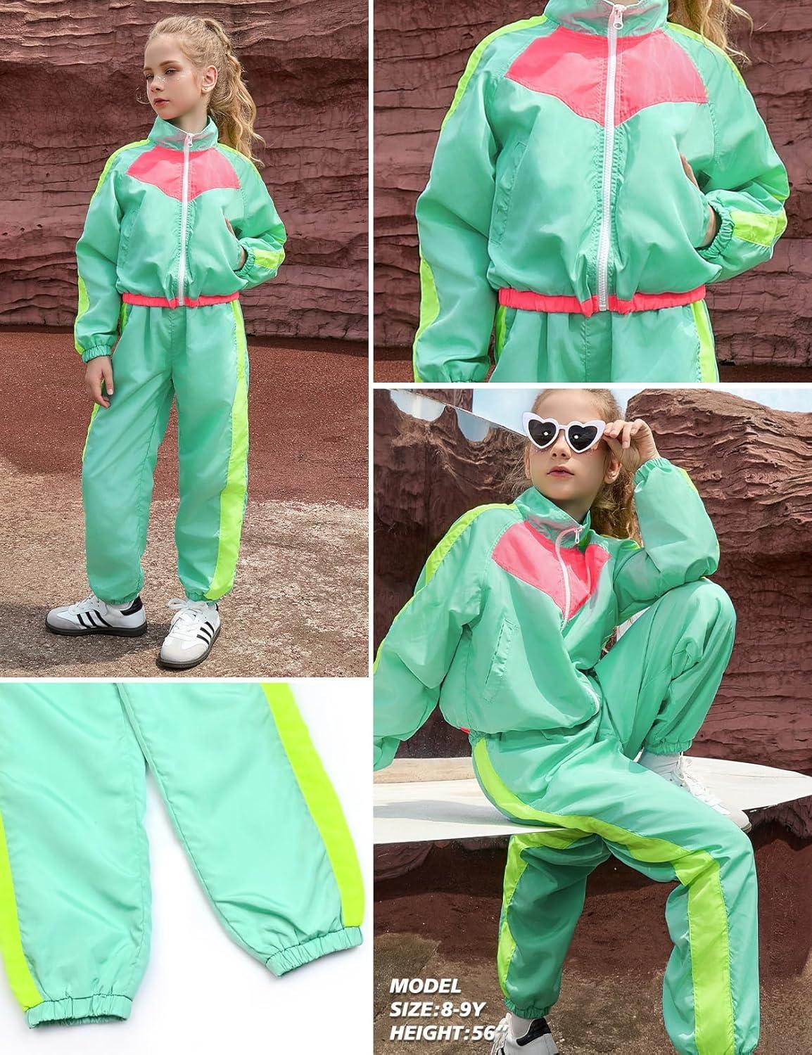 imagePerfashion Girls Clothing Sets 2 Piece 80s 90s Outfits Neon Jacket Pants Hip Hop Dance Tracksuit Set 413YNeon Mint Green