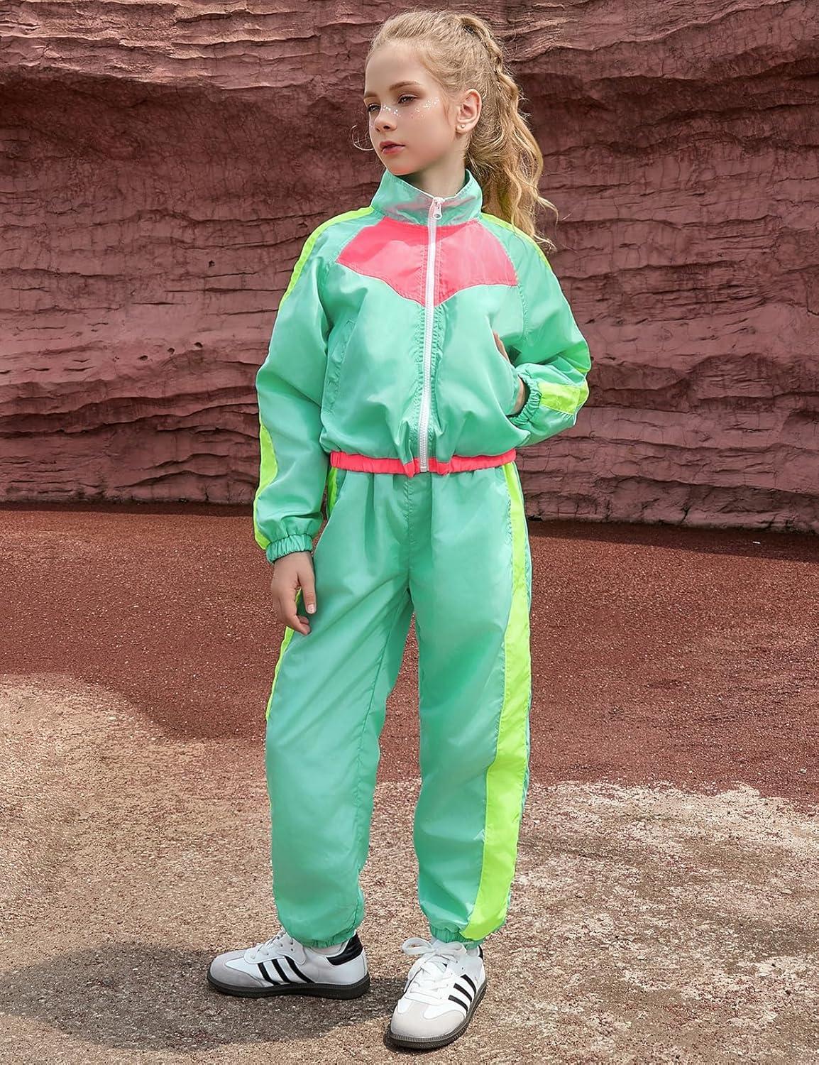 imagePerfashion Girls Clothing Sets 2 Piece 80s 90s Outfits Neon Jacket Pants Hip Hop Dance Tracksuit Set 413YNeon Mint Green