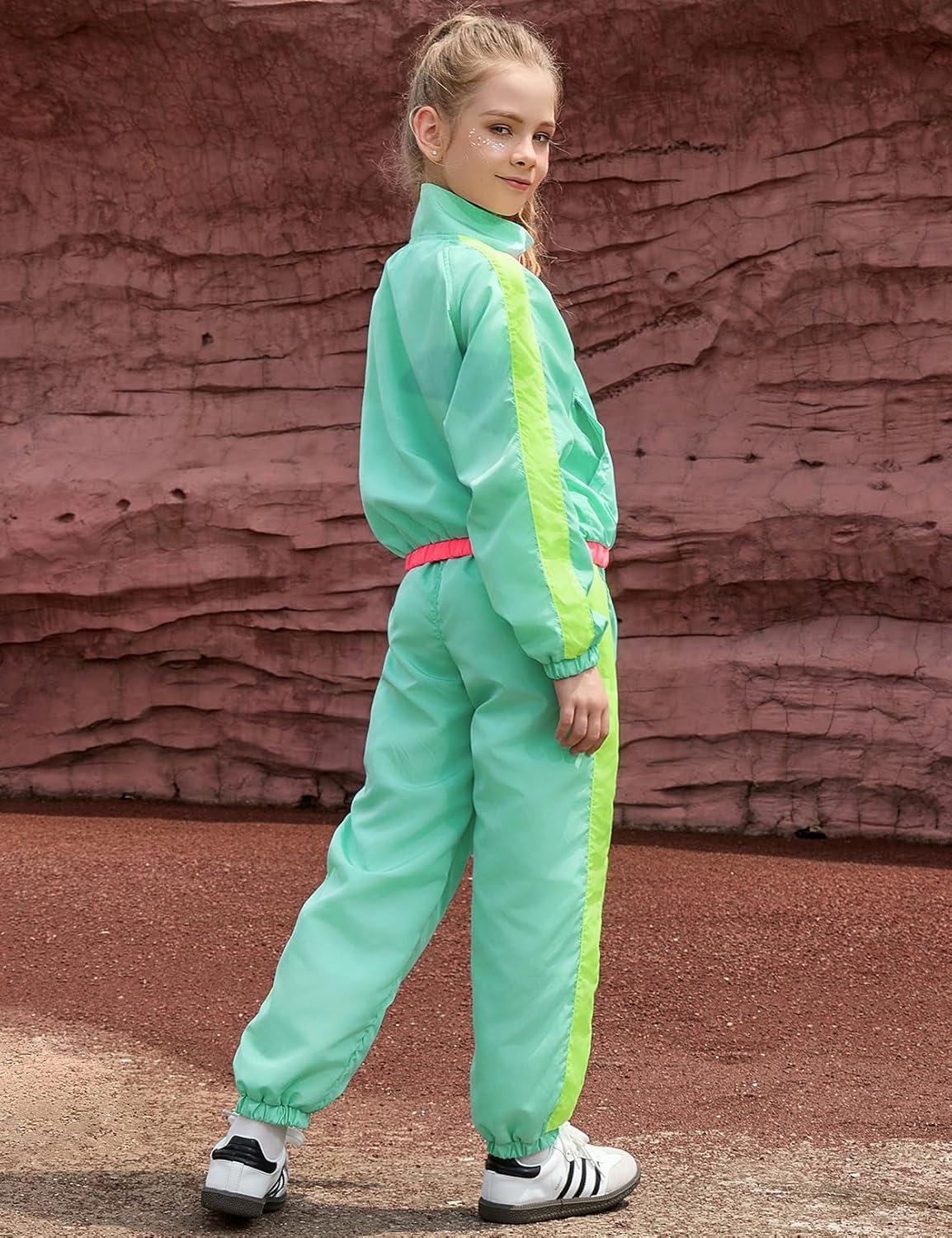 imagePerfashion Girls Clothing Sets 2 Piece 80s 90s Outfits Neon Jacket Pants Hip Hop Dance Tracksuit Set 413YNeon Mint Green