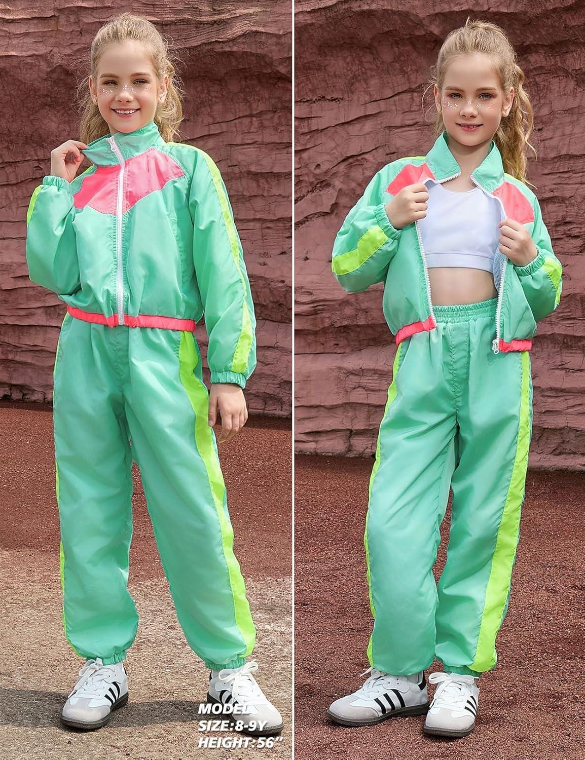 imagePerfashion Girls Clothing Sets 2 Piece 80s 90s Outfits Neon Jacket Pants Hip Hop Dance Tracksuit Set 413YNeon Mint Green