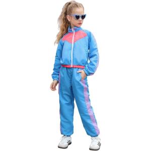 imagePerfashion Girls Clothing Sets 2 Piece 80s 90s Outfits Neon Jacket Pants Hip Hop Dance Tracksuit Set 413YNeon Blue
