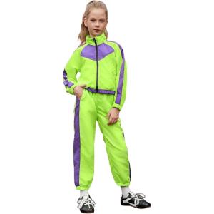 imagePerfashion Girls Clothing Sets 2 Piece 80s 90s Outfits Neon Jacket Pants Hip Hop Dance Tracksuit Set 413YNeon Green