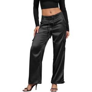imagePerfashion Women Satin Pants Silk Wide Leg Trousers Cargo Joggers Drawstring Going Out Concert OutfitsBlack 41929