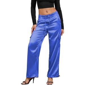 imagePerfashion Women Satin Pants Silk Wide Leg Trousers Cargo Joggers Drawstring Going Out Concert OutfitsBlue 34929