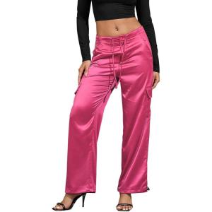 imagePerfashion Women Satin Pants Silk Wide Leg Trousers Cargo Joggers Drawstring Going Out Concert OutfitsHot Pink 35929