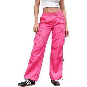 imagePerfashion Parachute Pants Woman Drawstring Baggy Cargo Pant Rave Concert Outfits Quick Dry Jogger SweatpantsHot Pink 53924