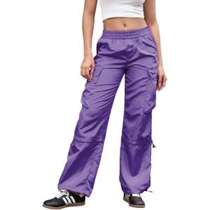 imagePerfashion Parachute Pants Woman Drawstring Baggy Cargo Pant Rave Concert Outfits Quick Dry Jogger SweatpantsPurple 106924