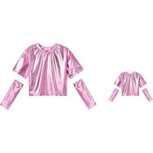 imageMatching DollampampGirls Sparkly Shirt Rosen Shirt for Girls Shiny Long Sleeve Crop Top Dance Outfit Size 6 7Pink151