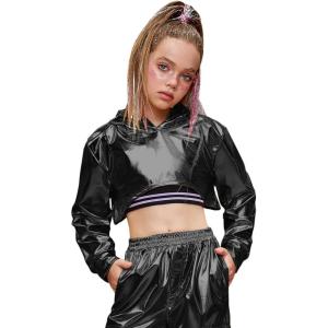 imagePerfashion Girls Long Sleeve Metallic Crop Tops Hip Hop Dance Hoodie Cropped Sweatshirt 413YBlack 13919