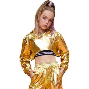 imagePerfashion Girls Long Sleeve Metallic Crop Tops Hip Hop Dance Hoodie Cropped Sweatshirt 413YGold03919