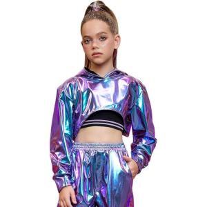 imagePerfashion Girls Long Sleeve Metallic Crop Tops Hip Hop Dance Hoodie Cropped Sweatshirt 413YLaser Blue13919
