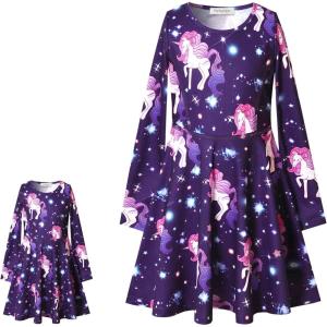 imagePerfashion Girls SleevelessLong Sleeve ALine Dresses Unicorn Festival SkirtsPurple Star Unicron Long Sleeve