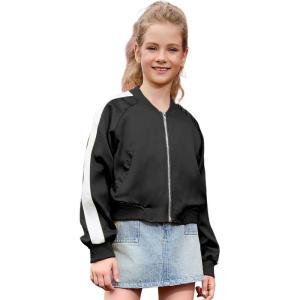 imagePerfashion Satin Bomber Jacket for Girls Zip Up Varsity Cropped Coat Sparkly Windbreaker with Pockets 413YSatin Black 41906