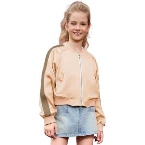 imagePerfashion Satin Bomber Jacket for Girls Zip Up Varsity Cropped Coat Sparkly Windbreaker with Pockets 413YSatin Champagne 5906
