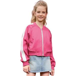 imagePerfashion Satin Bomber Jacket for Girls Zip Up Varsity Cropped Coat Sparkly Windbreaker with Pockets 413YSatin Hot Pink 35906