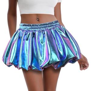 imagePerfashion Bubble Skirt for Women Metallic Puff Balloon Mini Skorts Rave Sexy Club Outfits with ShortsLaser Blue13915