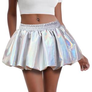 imagePerfashion Bubble Skirt for Women Metallic Puff Balloon Mini Skorts Rave Sexy Club Outfits with ShortsLaser Silver01915